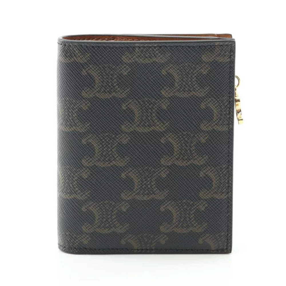 Celine Compact Wallet Triomphe Charm Canvas Tan Bi fold Black Brown